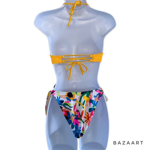 Xhilaration Yellow Bralette Bikini Top & Floral String Bikini Bottom - Picture 3 of 8